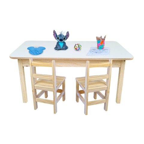 Kit Infantil Mesa Mdf 100x60 + 2 Cadeiras de Madeira Maciça Pinus Resistente Desenho Estudar Brincar