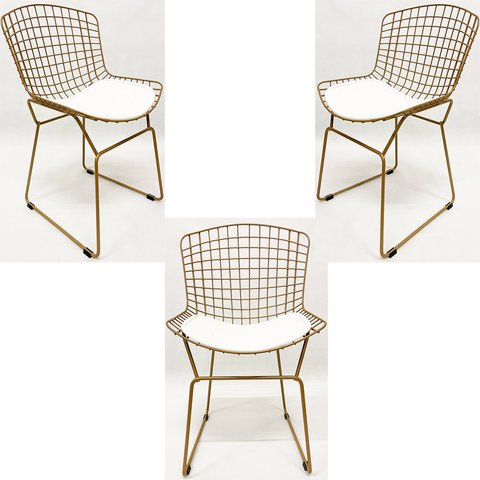 Kit 3 Cadeiras para Cozinha Bertoia tradicional cor Dourado fosco assento branco - Poltronas do Sul