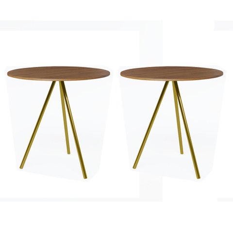 Kit 2 Mesas Lateral Decorativa Gabriela Base Dourada Tampo Redondo Amêndoa