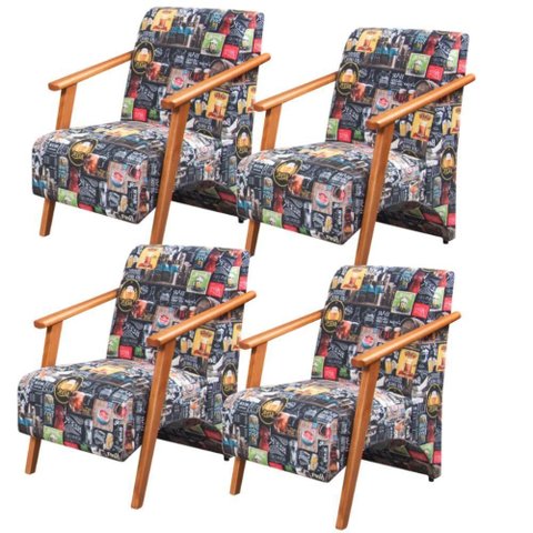 Kit 4 Poltronas Venus 1 Lugar Braço Madeira Maciça Tecido Suede Retro Bar 107