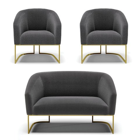 Sofá Namoradeira e 2 Poltronas Base Industrial Dourado Stella Bouclê Grafite D03 - D'Rossi