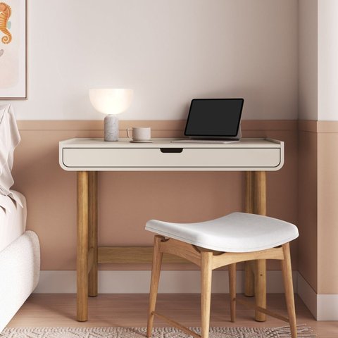 Mesa Escrivaninha Orgânica Curva 1 Gaveta 100cm Pés Madeira Maciça 100% MDF BP Aura Branco/Offwhite
