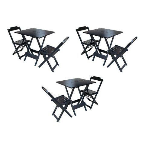Kit 3 Conjuntos De Mesa Dobravel Com 2 Cadeiras De Madeira 70X70 Para Restaurante E Bar - Preto