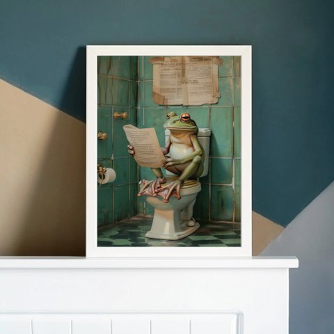 Quadro Perereca no Banheiro Lendo Jornal 33x24cm:madeira Branca