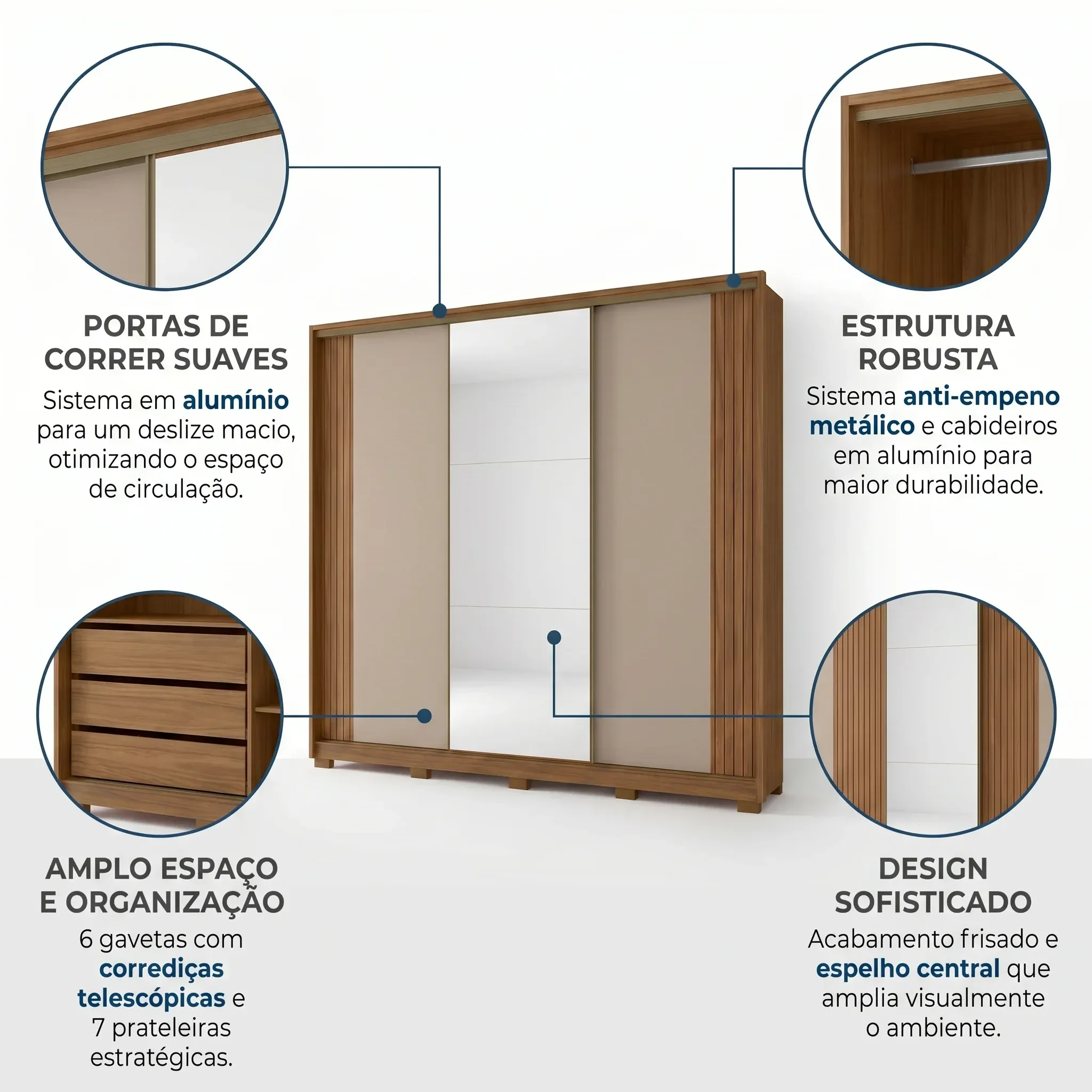 Ver imagem 4 de Guarda Roupa Casal com Espelho 3 Portas de Correr e 6 Gavetas Nevada Carvalho/Fendi Marrom