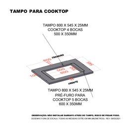 Tampo 80cm com Furo para Cooktop 4 Bocas 50cm X 35cm e Pré Furo Cooktop 5 Bocas 60cm X 35cm Luciane - 2
