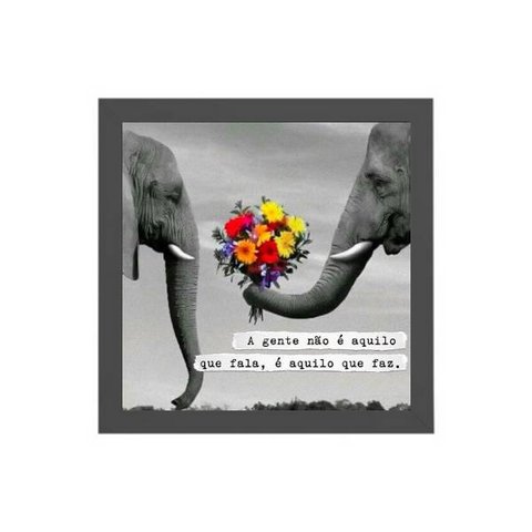 Quadro Quadrado Frase Elefante 20x20cm:Madeira branca