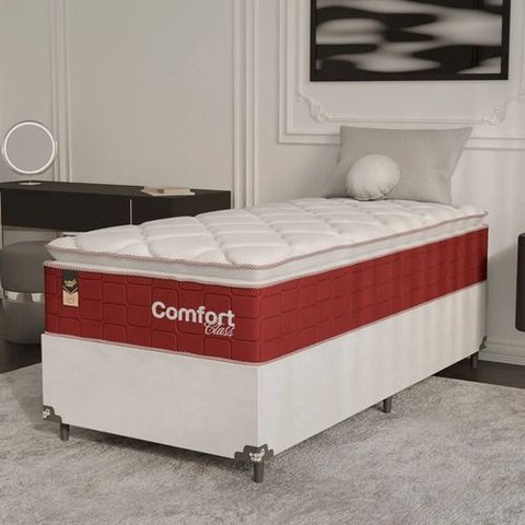 Cama Box Solteiro + Colchão Comfort Class Pillow Top 88x188 Vinho/suede Branco