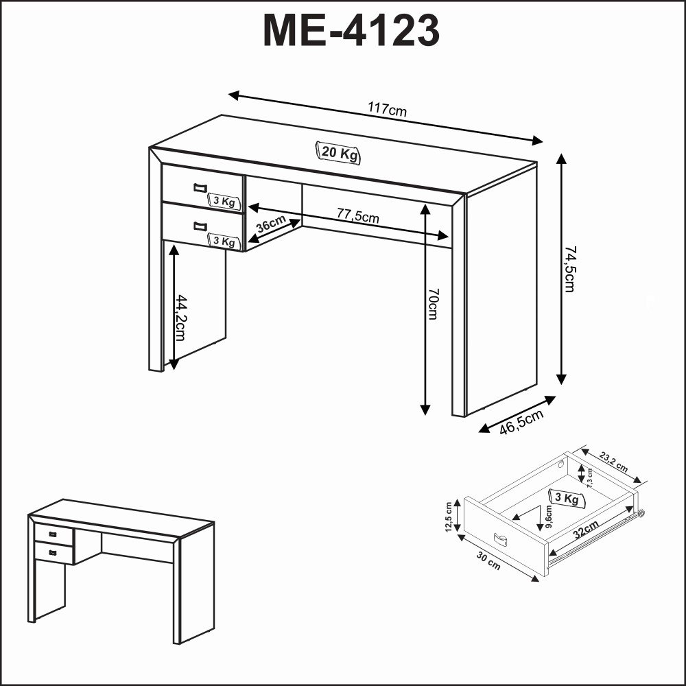 Mesa para Escritório Engrossurada 1,17m 2gav Me4123 Tecno Mobili - Branco - 5