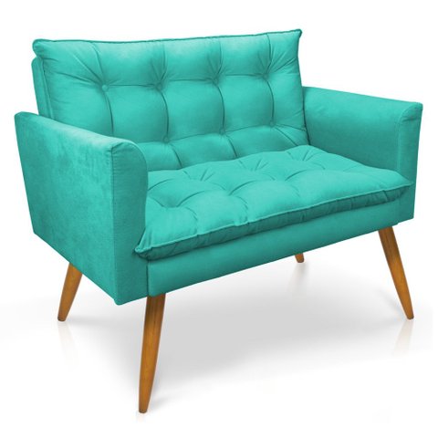Namoradeira 2 Lugares Thais Suede Azul Turquesa Pés Palito Castanho - Slk Decor