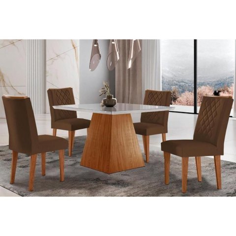 Conjunto: Mesa Sala Jantar Luna C/ Tampo Madeirado C/ Vidro Canto Curvo 90x90cm e 4 Cadeiras Jade