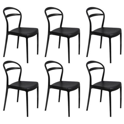 Jogo 6 Cadeiras Plásticas Tramontina Summa Lia Resistente Empilhável sem Braços Preto Jardim