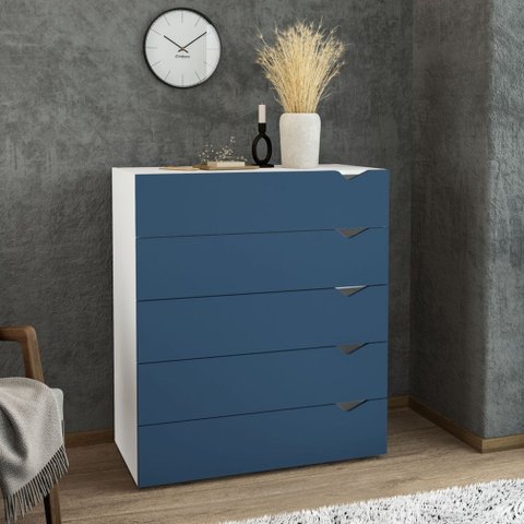 Cômoda 5 Gavetas Branca e Azul Porto Politorno
