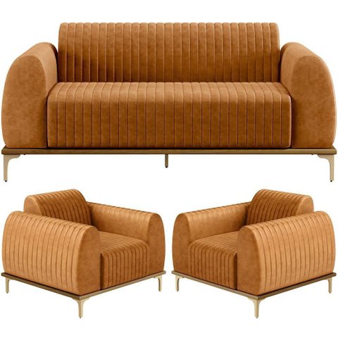 Kit Sofá 3 Lugares 180cm com 02 Poltronas Molino Base Castanho Pés D'ouro D02 Couríssimo Whisky B