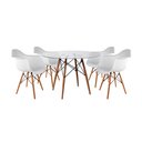 Ver imagem 1 de Mesa Sala de Jantar Eiffel Eames Redonda Vidro 90cm com 4 Poltronas Brancas Base Madeira Maciça