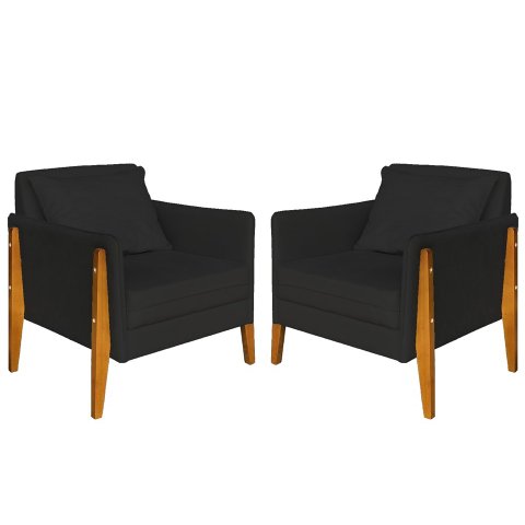 Kit 2 Poltronas Decorativa Sophia Suede Preto Pés Madeira Mz Decor