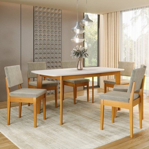 Conjunto Sala de Jantar Siera 6 Lugares Retangular Madeira Maciça Miami Marrom/Cerejeira/Bege Claro