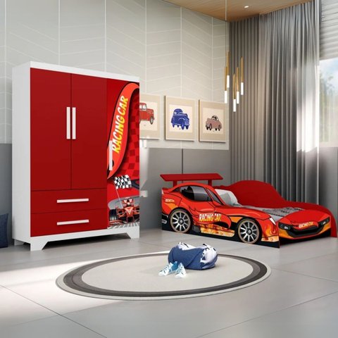 Kit Quarto Cama Colchão D20 Guarda Roupas Carro P/ Meninos:vermelho