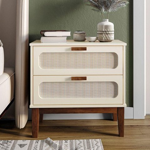 Mesa de Cabeceira Mdf Decorativa 2 Gavetas Vintage 60 Cm Santorini Off White