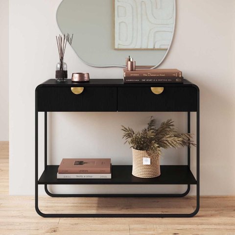 Aparador Sala com Gavetas 100cm Prateleira e Pés em Metal Cor:nero com Preto