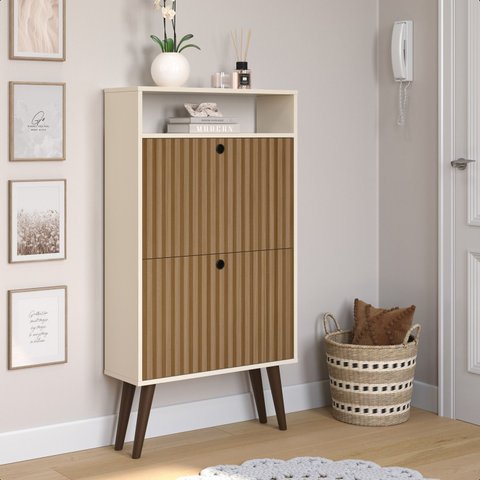 Sapateira com 2 Portas Basculantes Drex Estilo Retrô para Hall de Entrada ou Quarto - Off White com