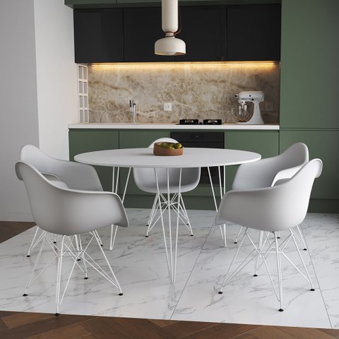 Mesa Jantar Redonda 110cm Branca Clips 3 Pés com 5 Poltronas Eames Eiffel Brancas Ferro Branco