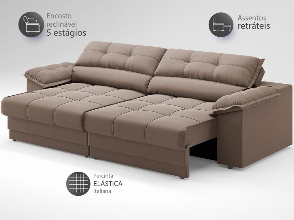 Sofá com Carregador Usb e Molas no Assento Retrátil Reclinável Mimo 2,00m Velosuede Marrom - Netsofa - 4