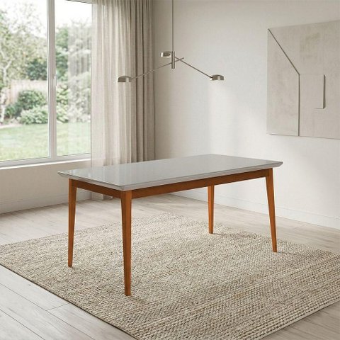 Mesa de Jantar Onix Vidro Off-White 136cm Mel com Pés Madeira Maciça Carmo Móveis