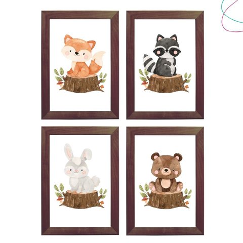Quadros Decorativos Animais do Bosque Aquarela Menino:tabaco