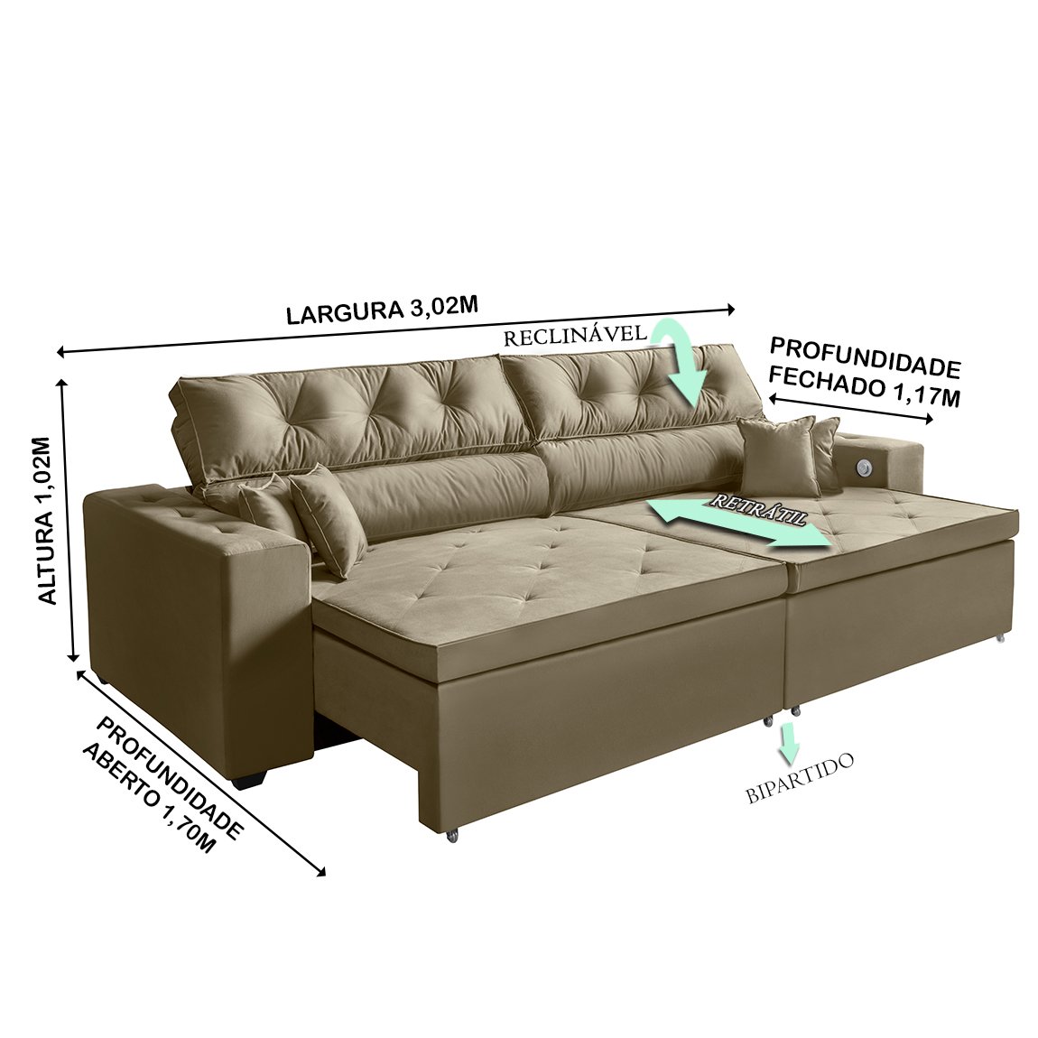 Sofá 5 Lugares SMART Retrátil, Reclinável, 3,02 Metros Tecnologia Carregamento 3 portas USB Castor - 4