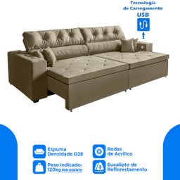 Sofá 5 Lugares SMART Retrátil, Reclinável, 3,02 Metros Tecnologia Carregamento 3 portas USB Castor - 3