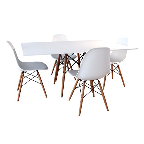 Conjunto de Mesa de Jantar Eames Eiffel Retangular 120x75 Tampo de Madeira Branco com 4 Cadeiras Bra