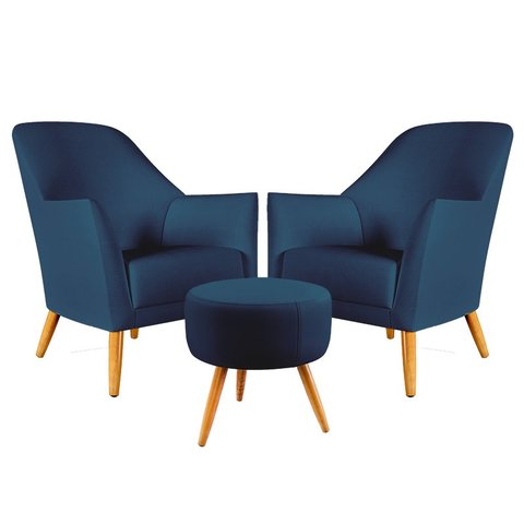 Kit 2 Poltronas Orion com Puff Solar Suede Azul Marinho Aradecor
