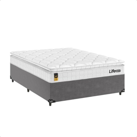Cama Box Viúva Cinza + Colchão Life D33 Pillow Top Branco 56x128x188cm - e-Shop Casa