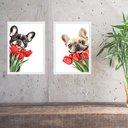 Ver imagem 1 de Kit 2 Quadros Bulldogs Francês Buquê de Flores 24x18cm:moldura Branca