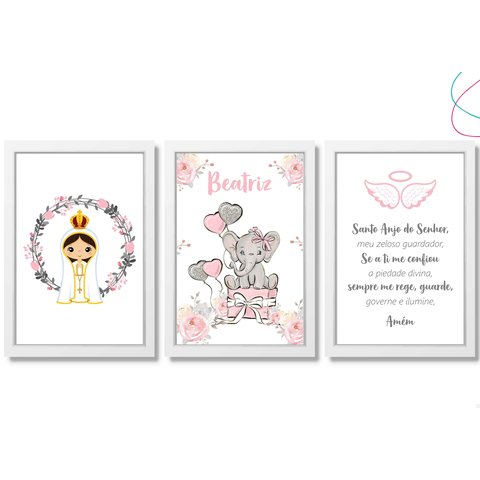 3 Quadrinhos Decorativos Infantil Elefante Nossa Senhora: Branca