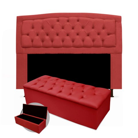 Kit Cabeceira Geovana + Calçadeira Baú Mirage Casal 140cm Suede - Ecotec Decor:Vermelho