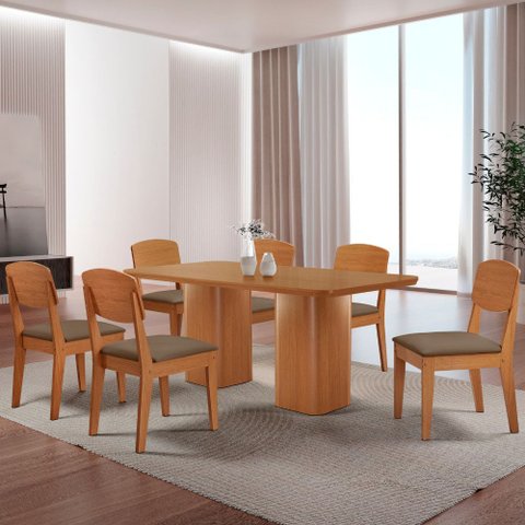 Mesa de Jantar Eloise 180cm Tampo Mdf Laminado com 6 Cadeiras Copper Moderna Mobília
