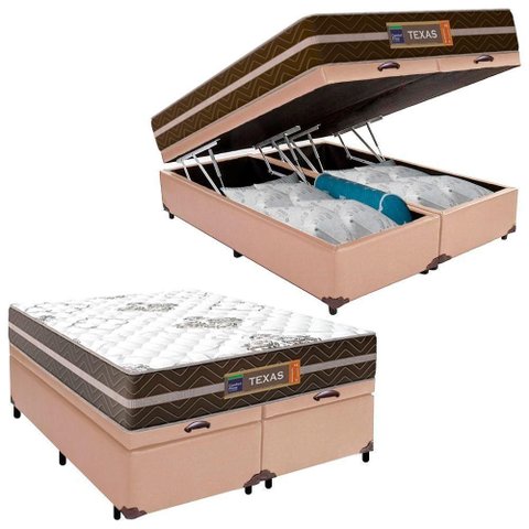 Cama Box Baú Casal Bipartido Sintético + Colchão Molas Ensacadas Texas Prime Colchões 138cm