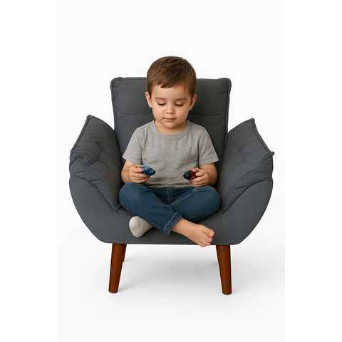 Mini Poltrona Cadeira Infantil de Criança Suede  Cinza Escuro Pés Palito