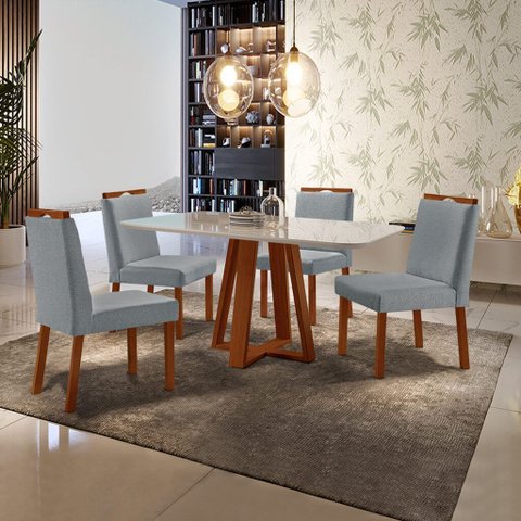 Conjunto Sala de Jantar Mesa Floripa e 4 Cadeiras Pérola Madeira Maciça Linho Cinza