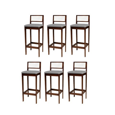 Kit 6 Banquetas Madeira Imbuia com Linho Cinza para Cozinha com Encosto Palha Indiana