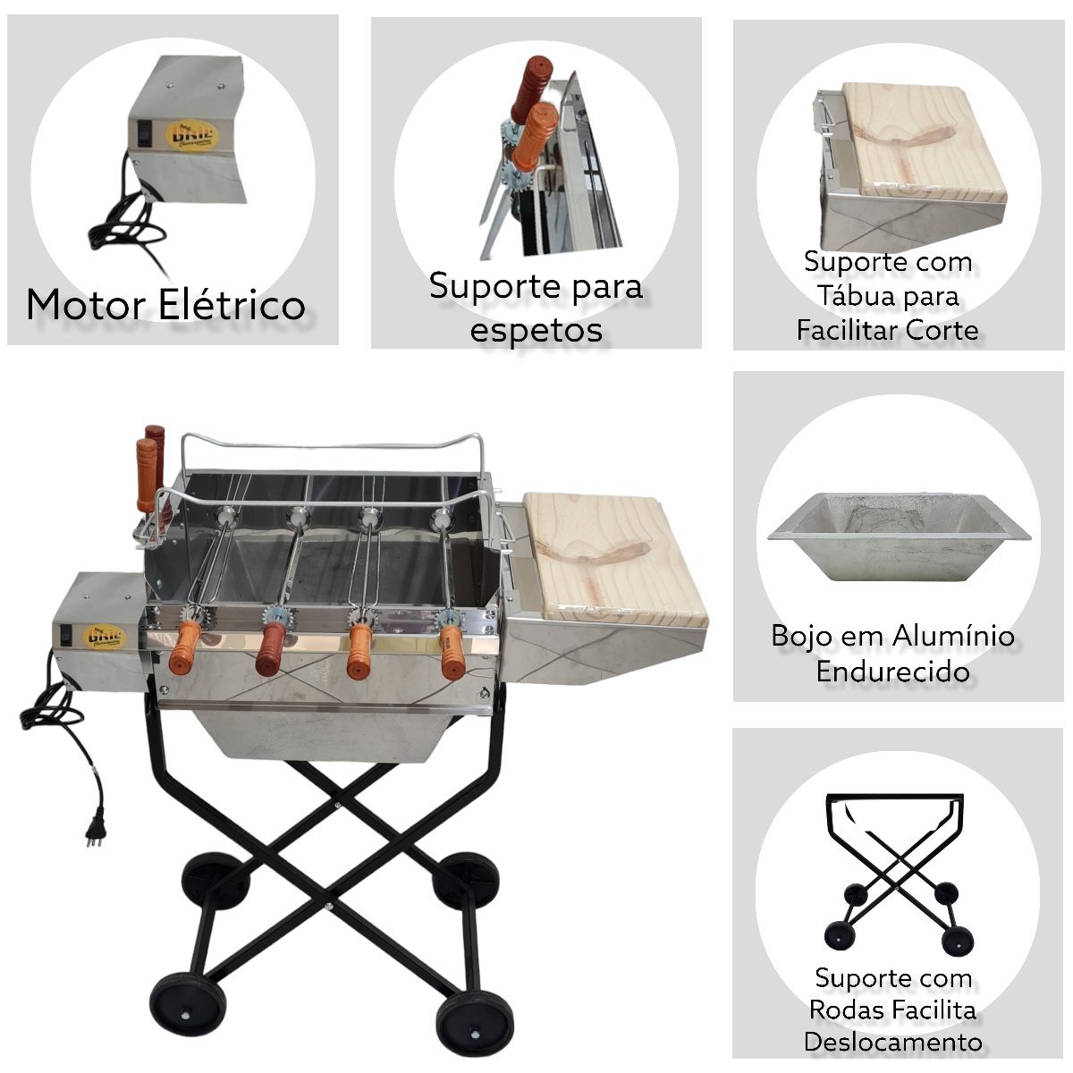 Churrasqueira Portátil Inox Giratória Elétrica 4 Espeto Bojo Alumínio Roda Tabua Carvão Área Externa - 2