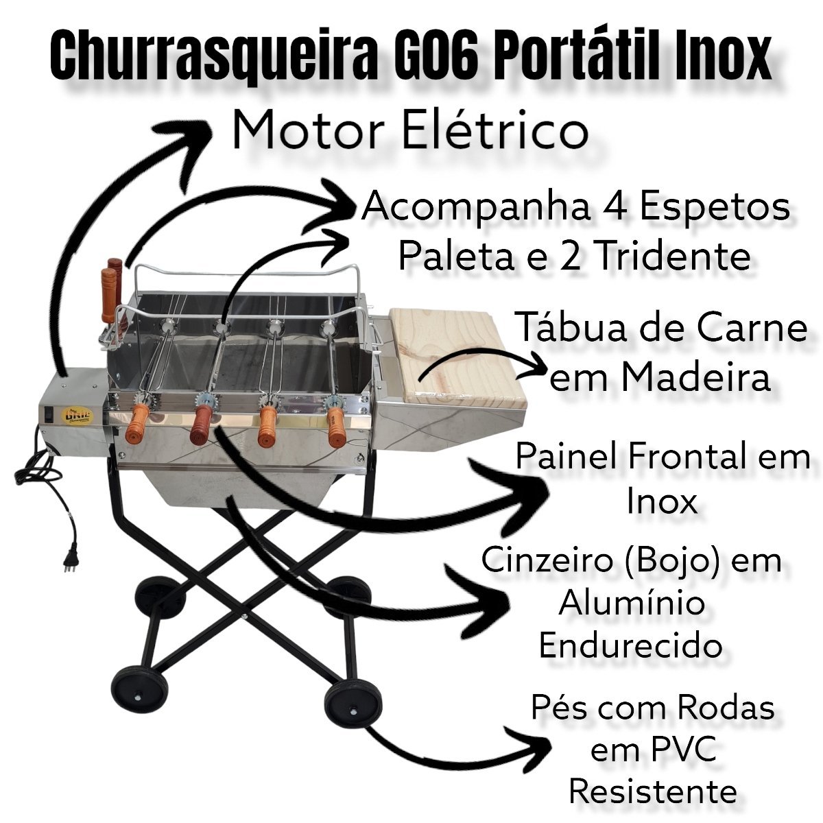 Churrasqueira Portátil Inox Giratória Elétrica 4 Espeto Bojo Alumínio Roda Tabua Carvão Área Externa - 4