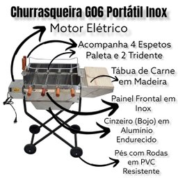 Churrasqueira Portátil Inox Giratória Elétrica 4 Espeto Bojo Alumínio Roda Tabua Carvão Área Externa - 4