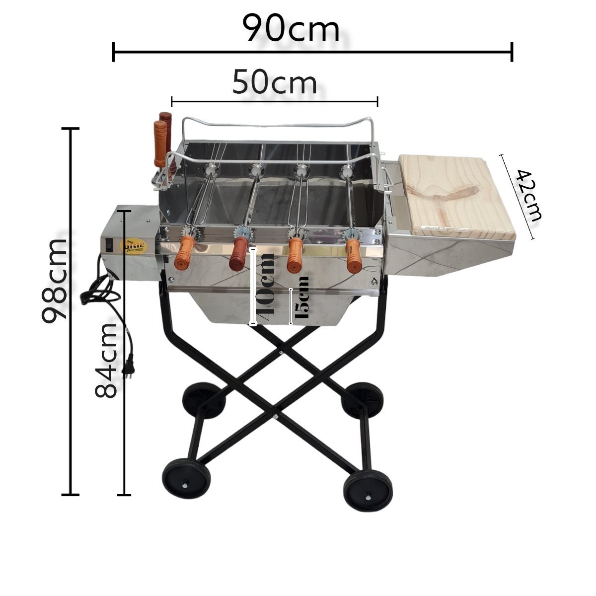 Churrasqueira Portátil Inox Giratória Elétrica 4 Espeto Bojo Alumínio Roda Tabua Carvão Área Externa - 3