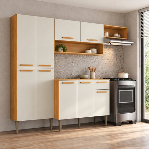 Cozinha Compacta 9 Portas 1 Gaveta Puxador de Madeira Alana Cinamomo/Off White Espresso Móveis