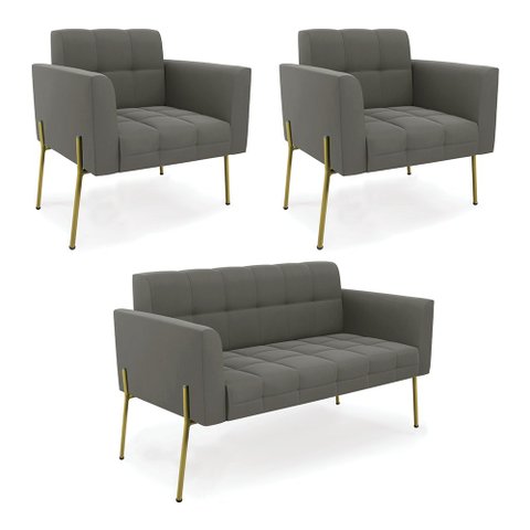 Sofá Namoradeira e 2 Poltronas Pé de Ferro Dourado Elisa Suede Grafite D03 - D'Rossi