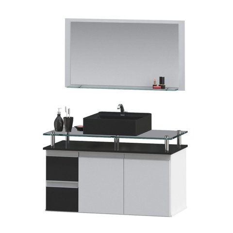 Gabinete Banheiro Diamante 80 Cm Armário com Espelheira, Cuba e Tampo de Vidro Temperado:freijo