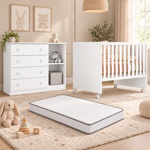 Kit Quarto de Bebê Doce Sonho com Berço com Rodízio Cômoda Sapateira e Colchão D18 130x60 Movellu